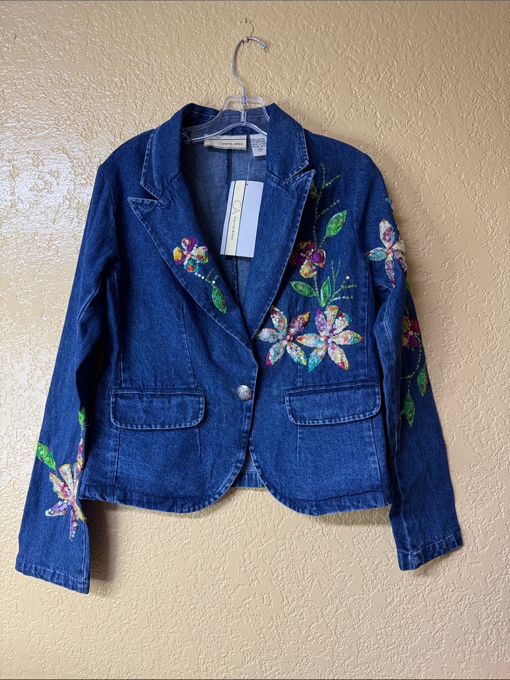 Embroidered Floral Dark Blue Denim Blazer Jacket